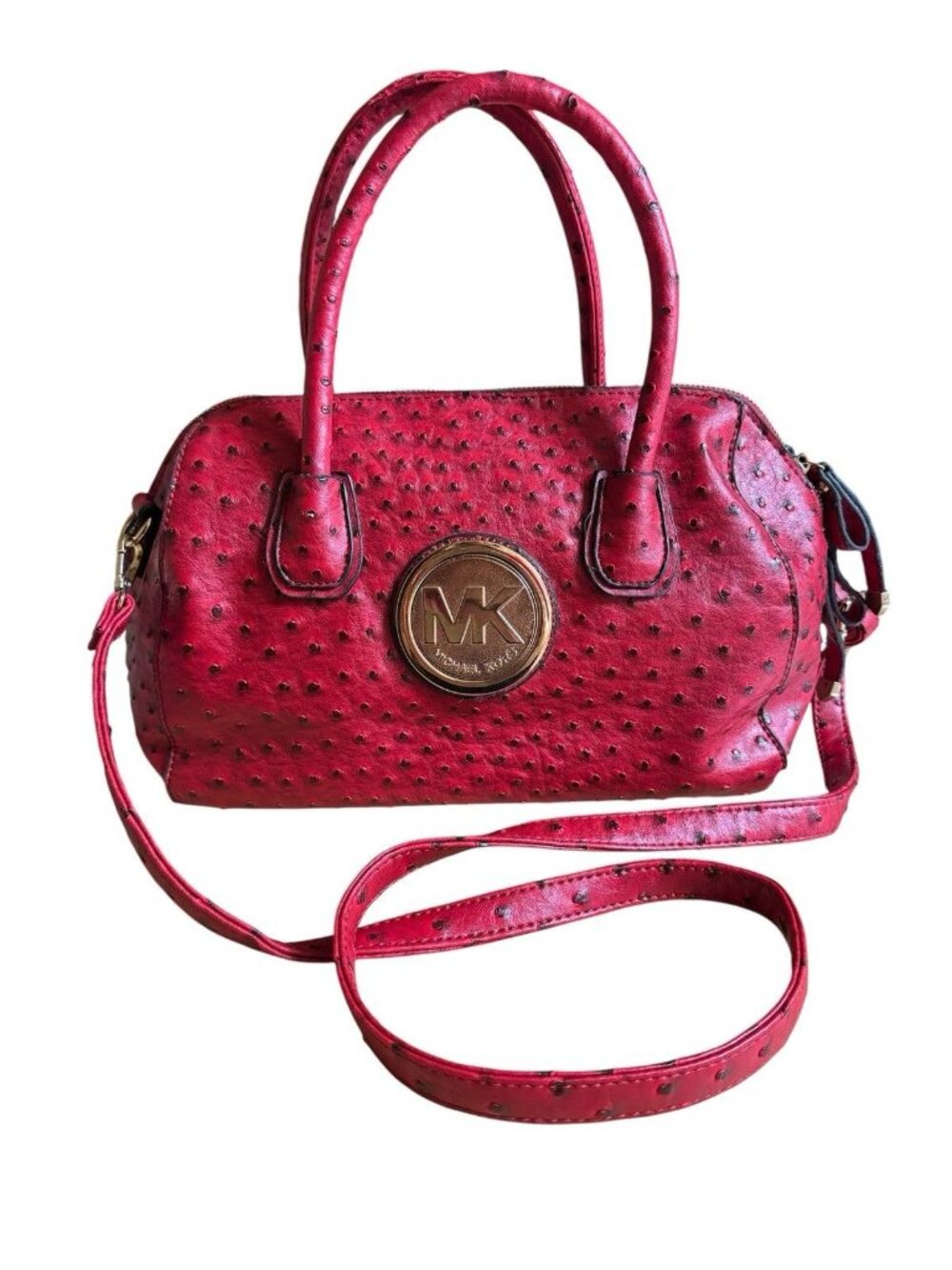 Michael Kors Red Ostrich Embossed Satchel Gold Logo Crossbody Bag